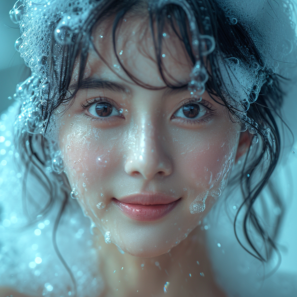 Korean woman with shampoo foam on head