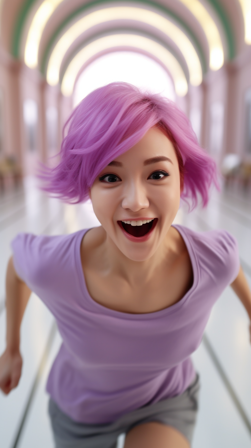 Smiling Korean woman running in museum scene