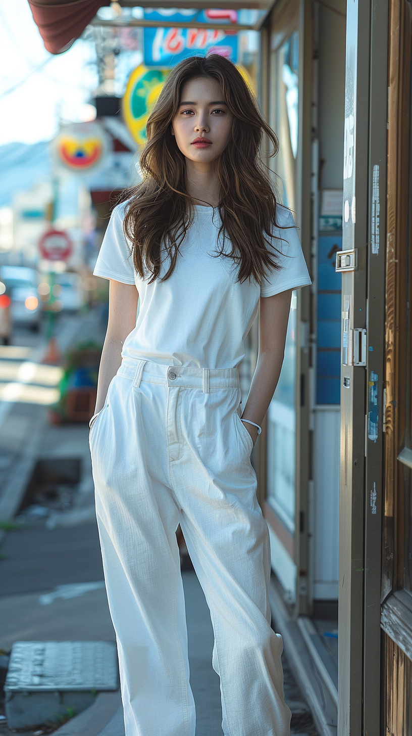 Korean woman walking white pants