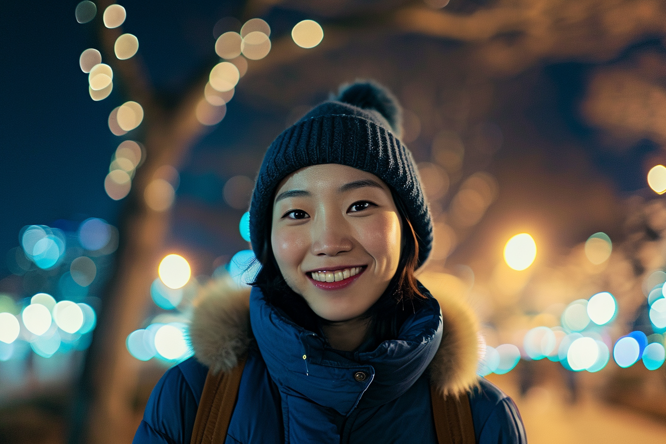 Young Korean woman smiling in a serene Seoul park at night