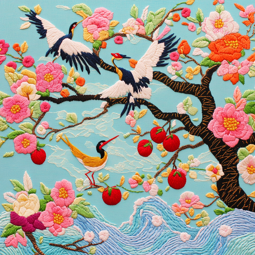 Embroidery with Plums, Peaches, Cranes Wave