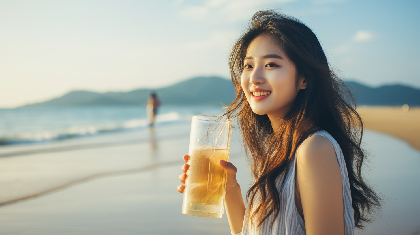 Korean model smiling at beach