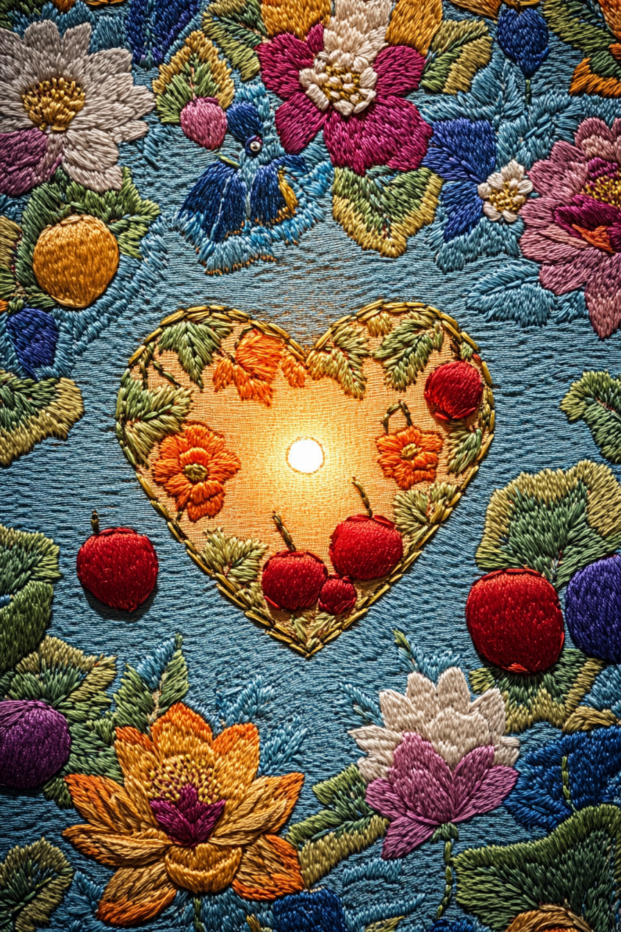 Korean heart embroidery with colorful flowers