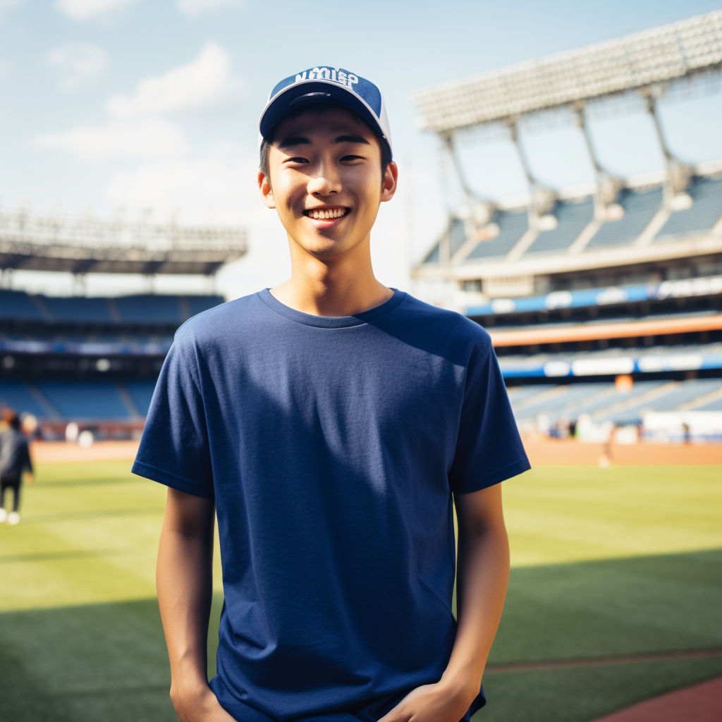 Korean Male Enjoying Baseball Game in Blue T-shirt