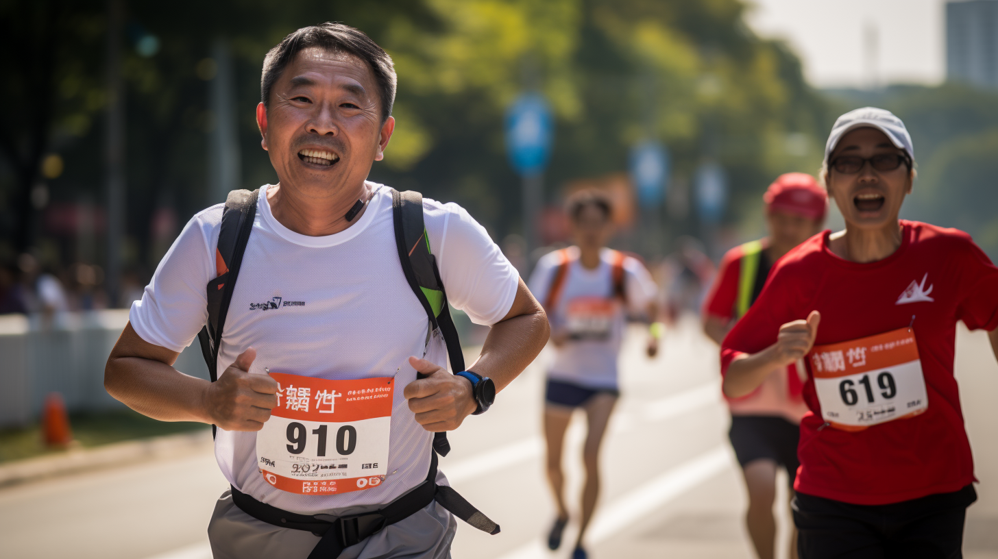 Two Korean men running marathon together