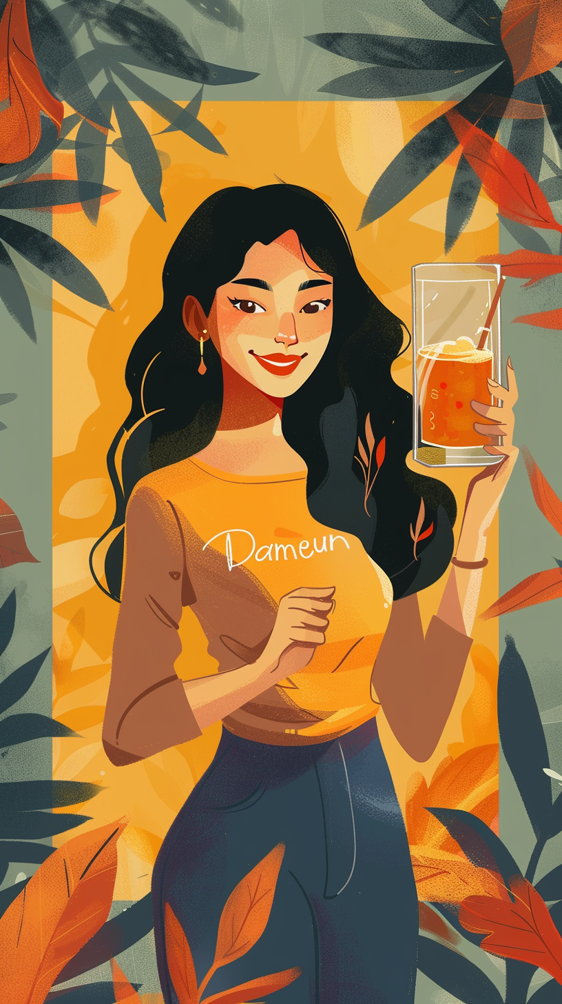 Korean mother holding pumpkin juice glass
