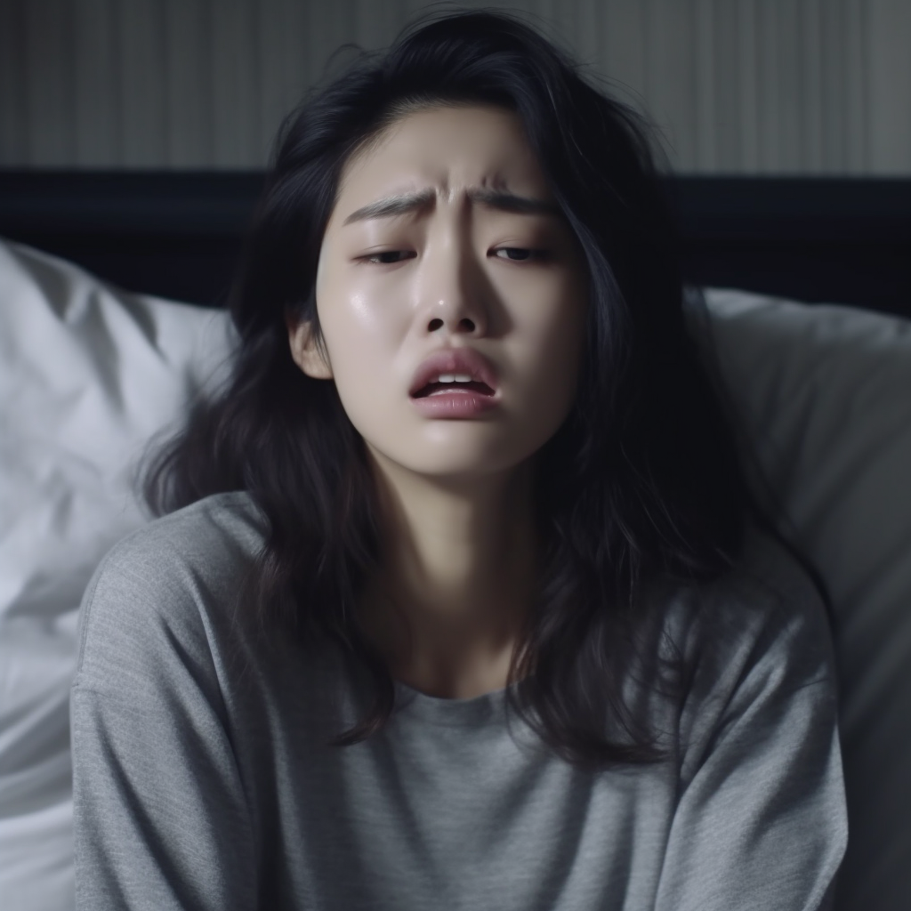 Sad Korean student woman crying on bed