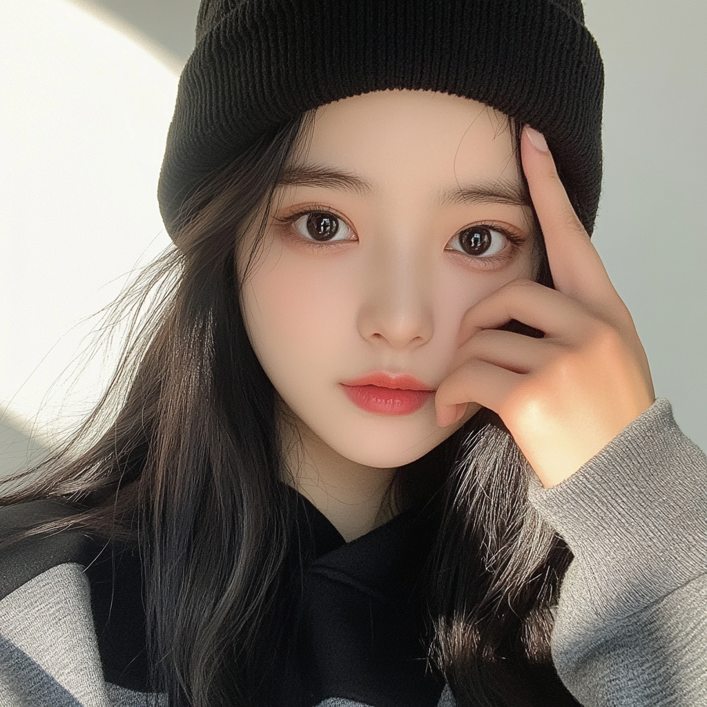 Korean teenage girl wearing sweatshirt selfie