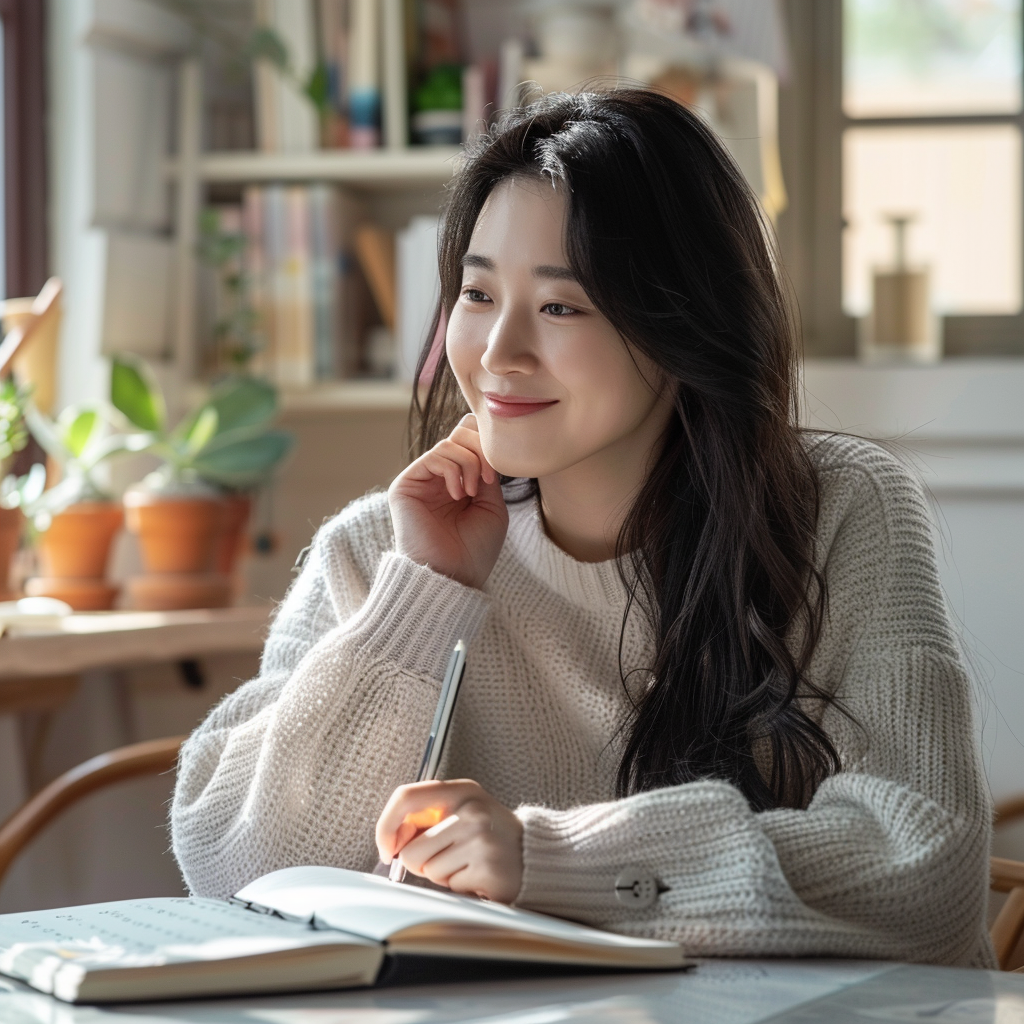 korean woman checking calendar