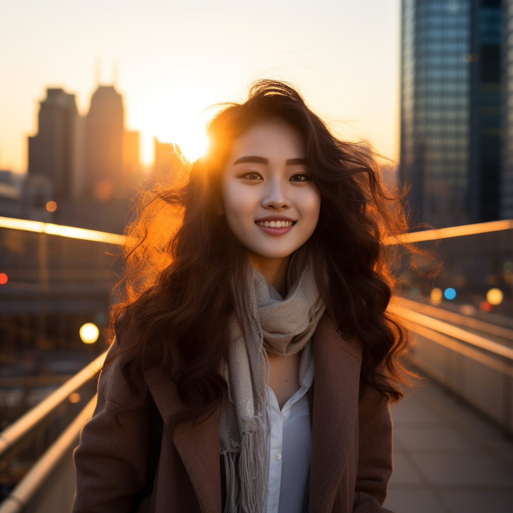 Smiling Korean woman on pedestrian bridge at sunset