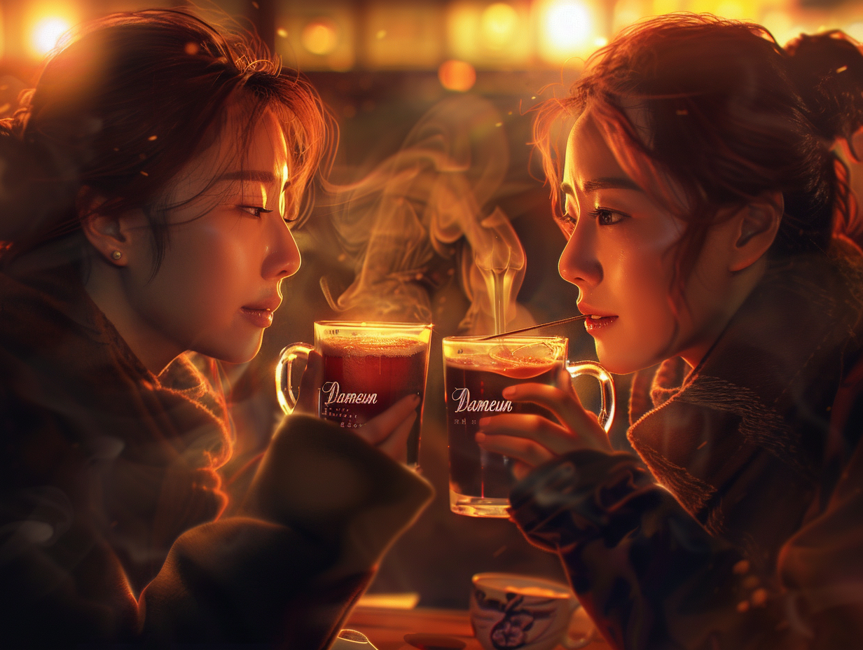 Two Korean women drinking jujube juice