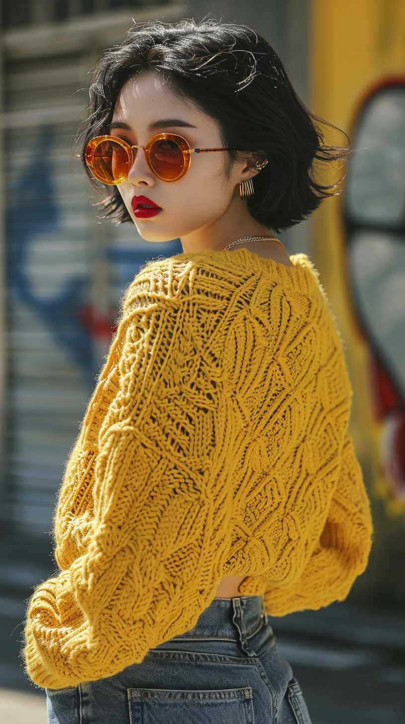 Stylish Korena Girl in Yellow Sweater and Jeans