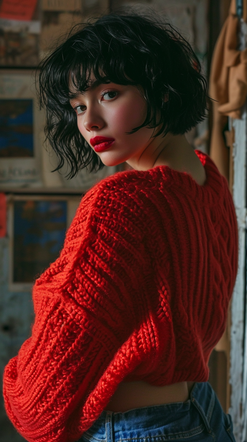 Korena girl in red sweater and jeans