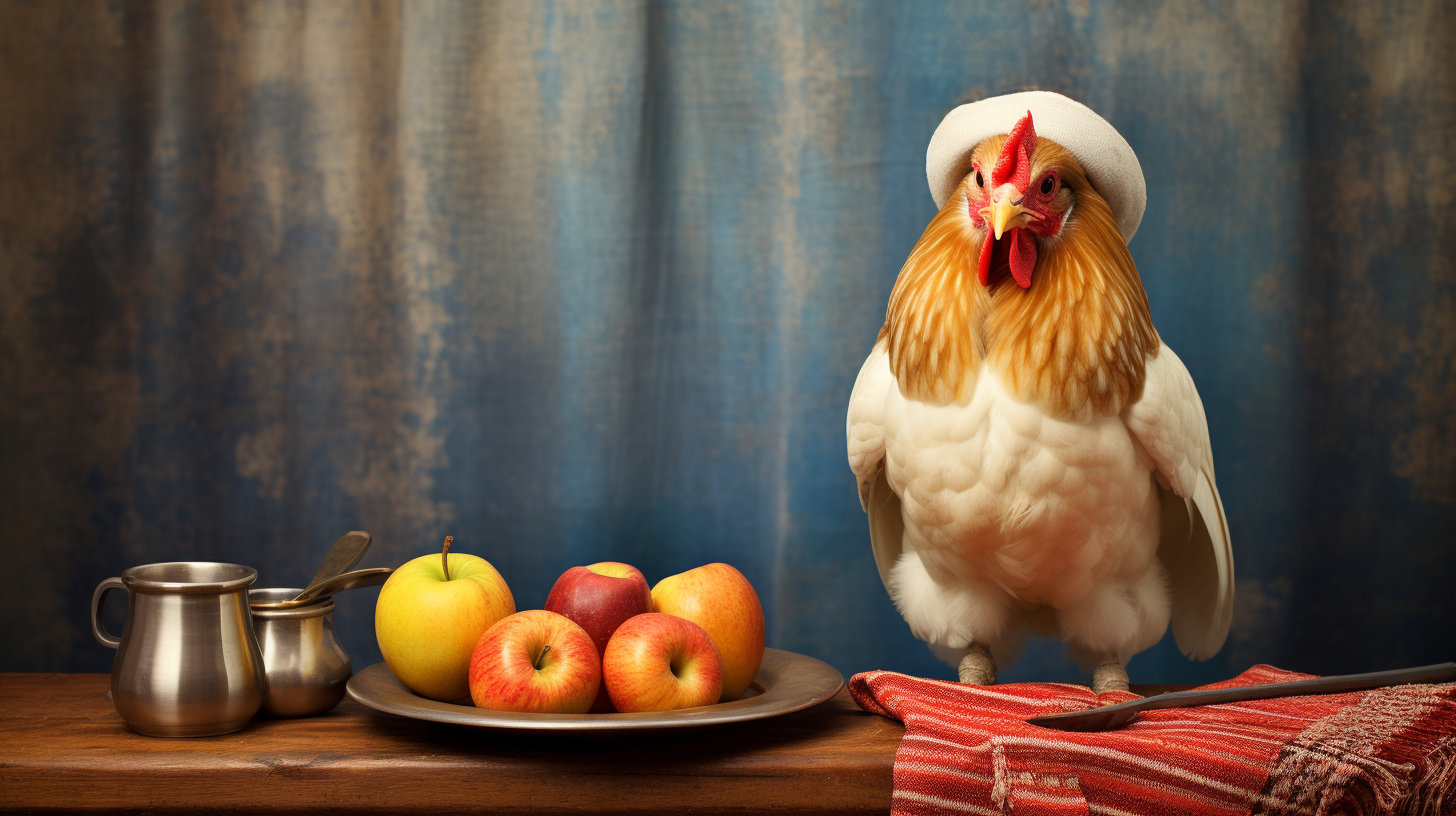 Kosher chicken wearing a tallit and shtreimel with red apple and honey