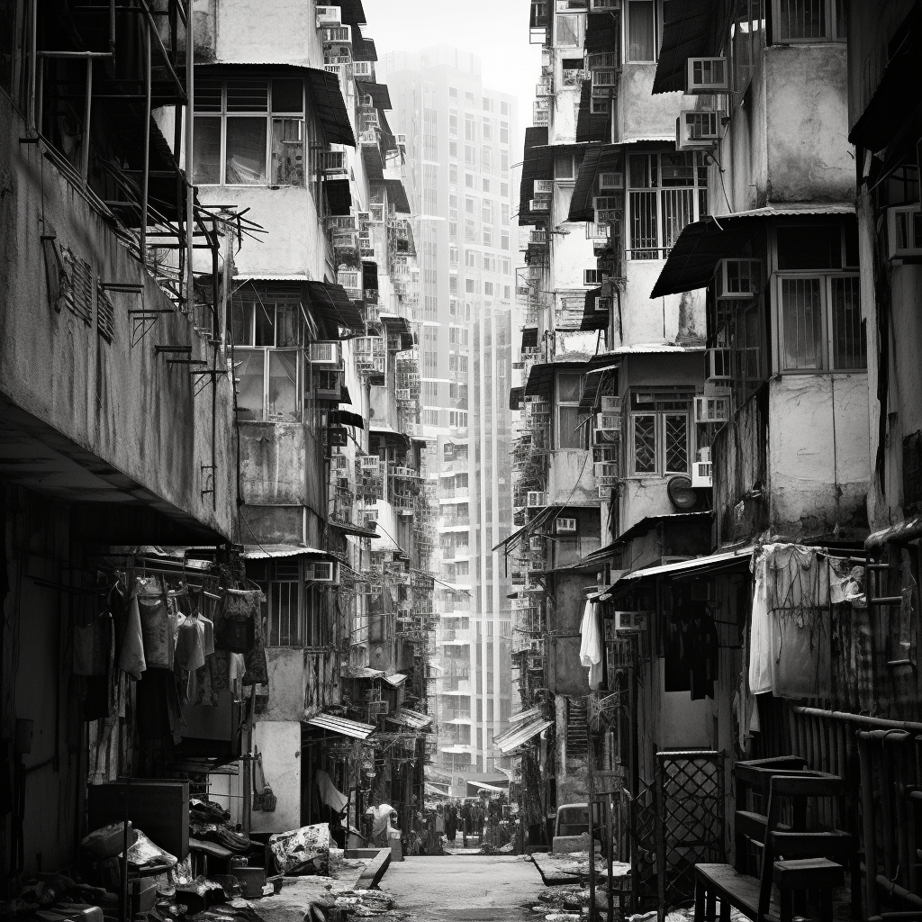 The iconic Kowloon Walled City in black and white