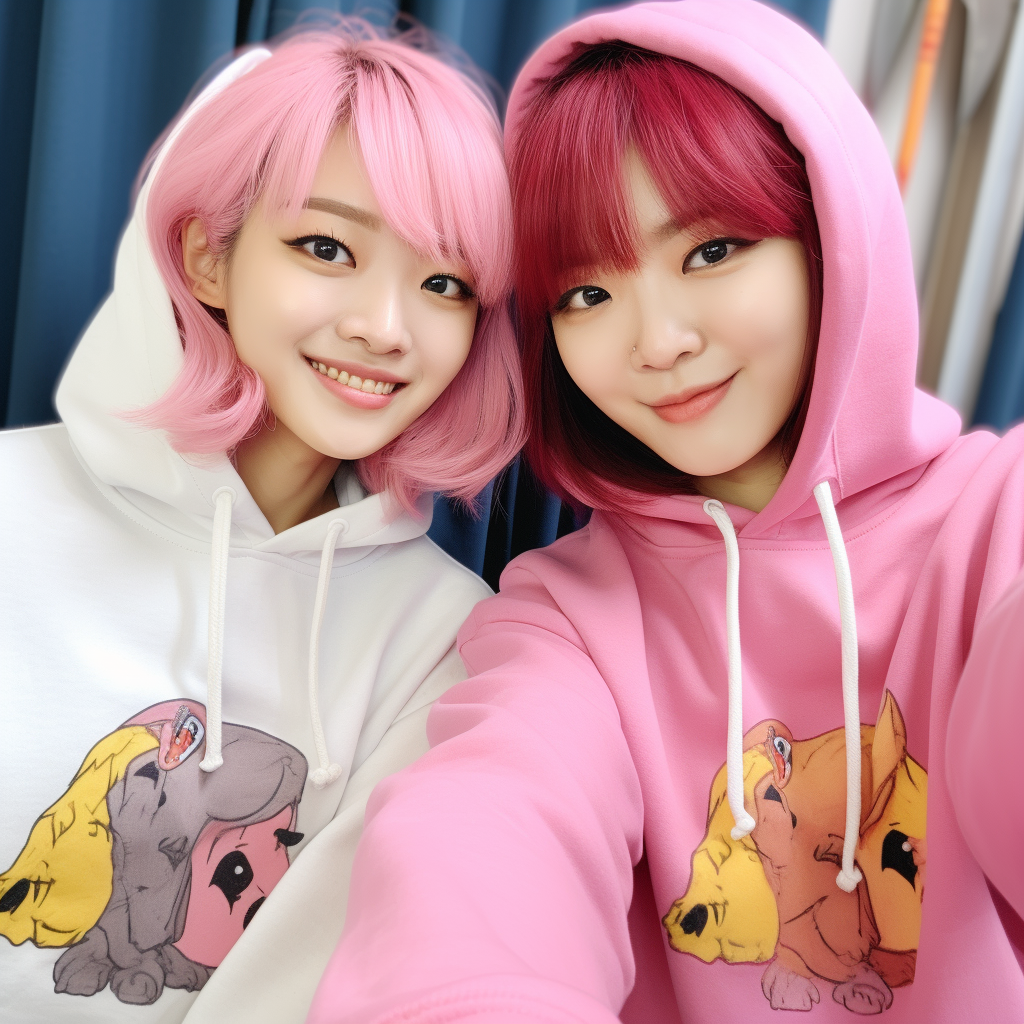 Closeup selfie of two cheerful Kpop idol girls in cute hoodies