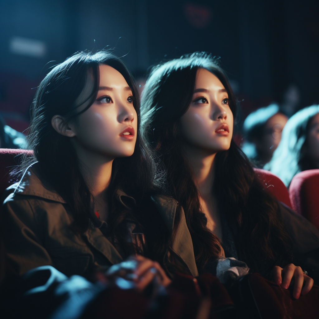 Two focused Kpop women in cinema