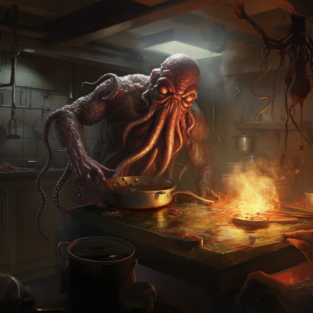 Kraken cooking human in kitchen