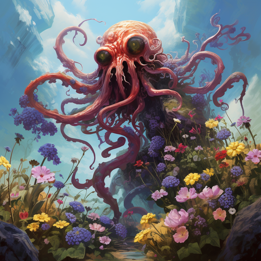 Happy kraken in flower field