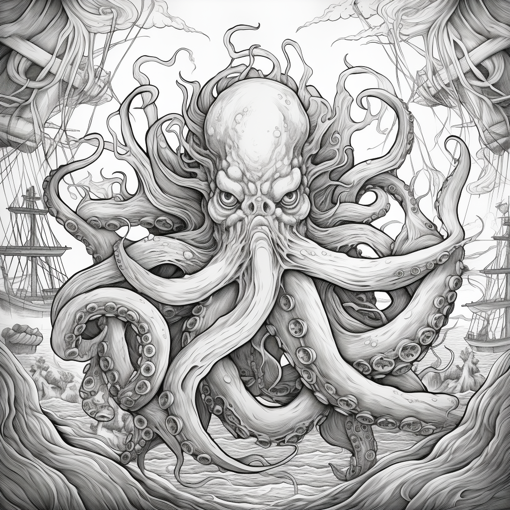 Beautiful line drawing of the mythical Kraken