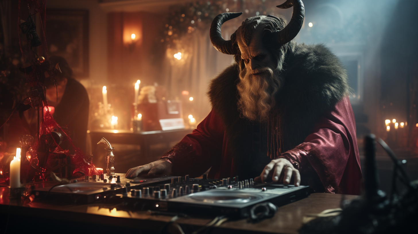 Krampus DJ spinning tunes at Christmas party