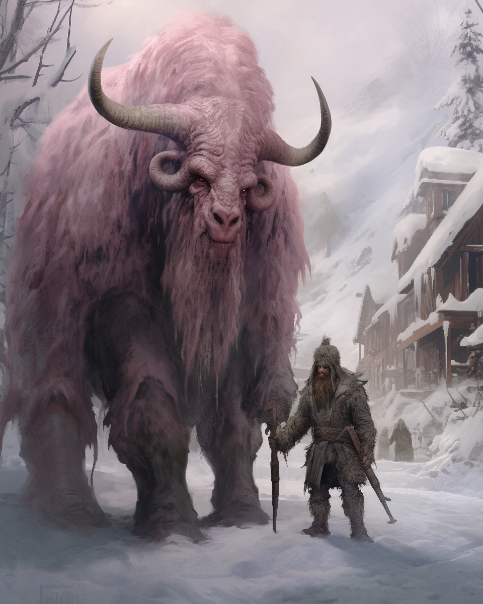 Enormous Krampus beside a giant mammoth in a horrifying village