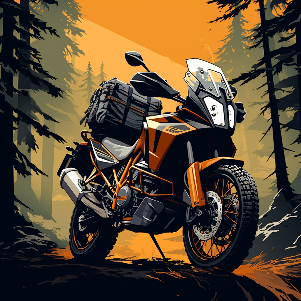 KTM adventure motorcycle among lush green trees