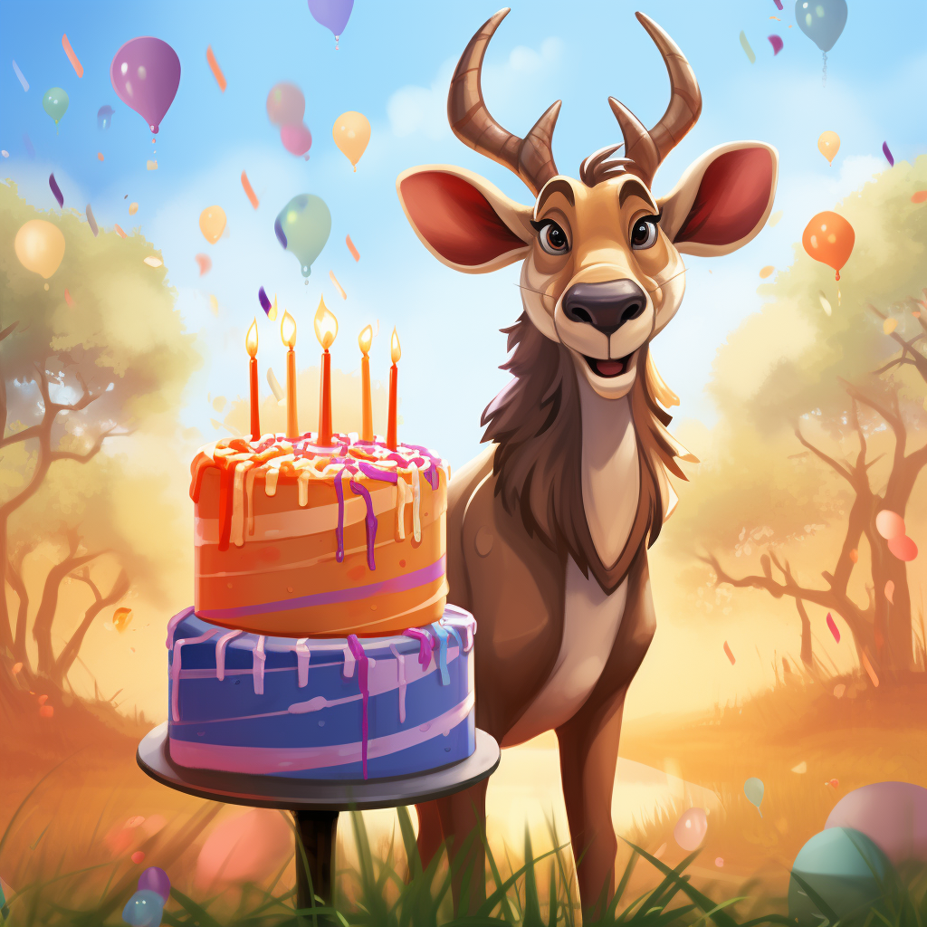 Cartoon kudu holding birthday cake and surrounded by confetti and balloons