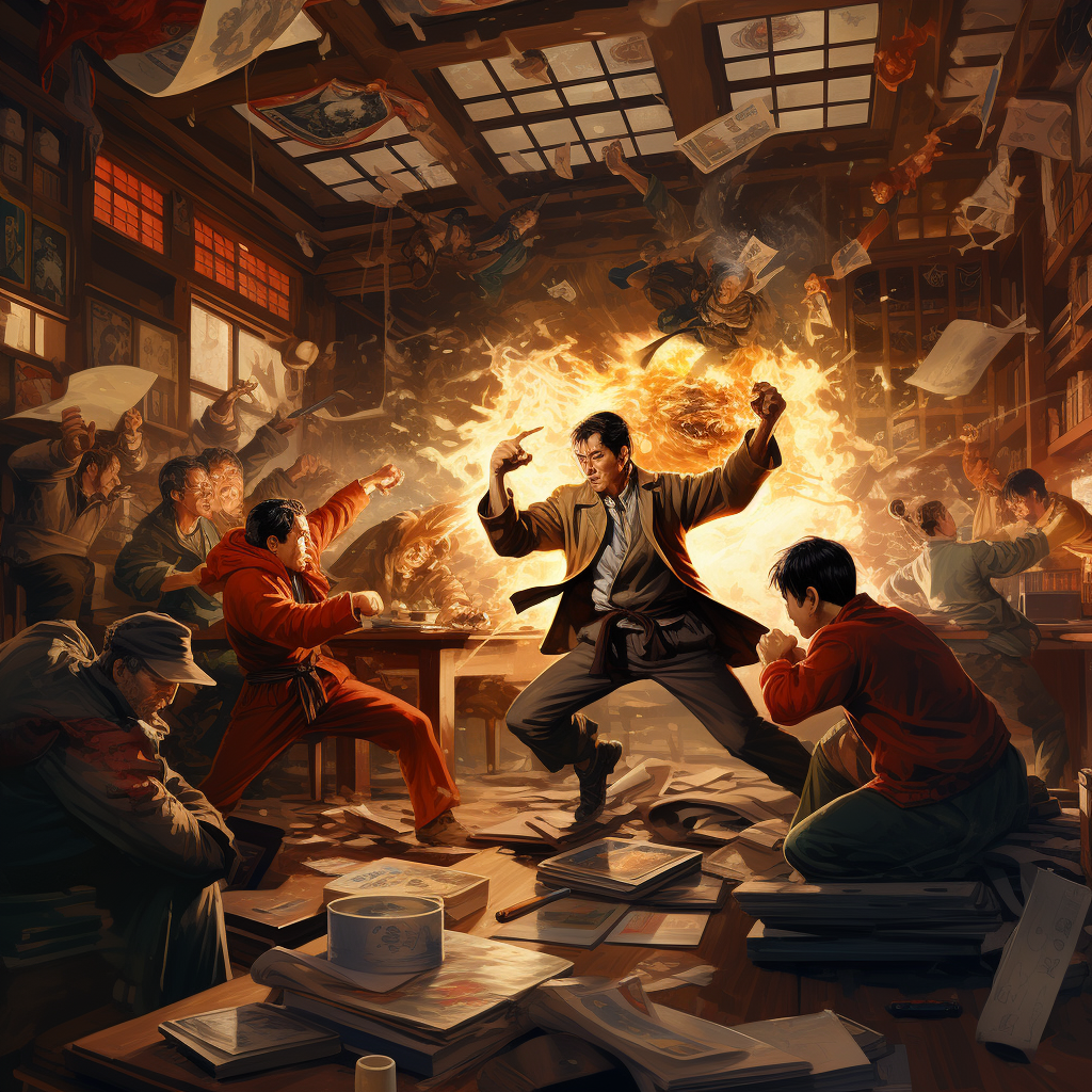 Dynamic kung fu fight in war room