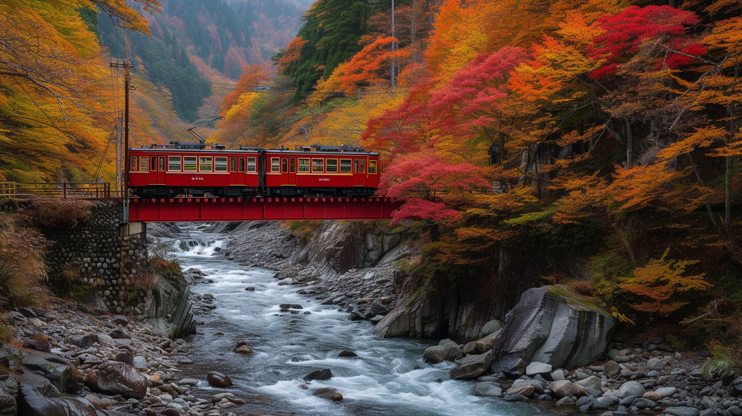 Panoramic view of Kurobe Gorge in autumn