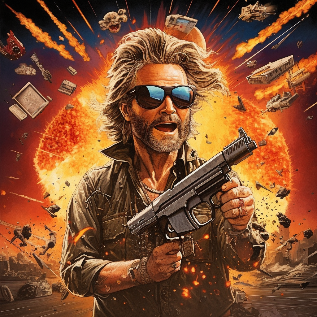 Kurt Russell running away from exploding boomboxes