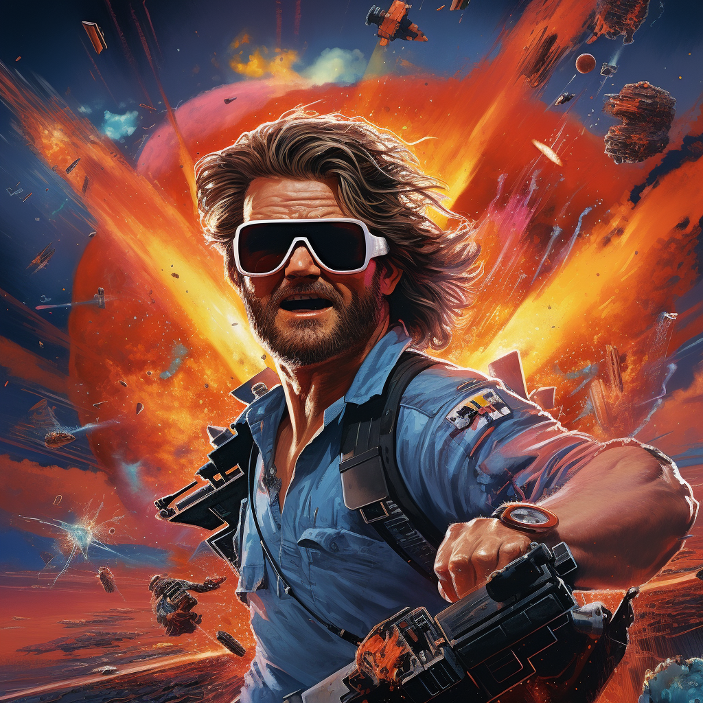 Kurt Russell running from exploding boomboxes