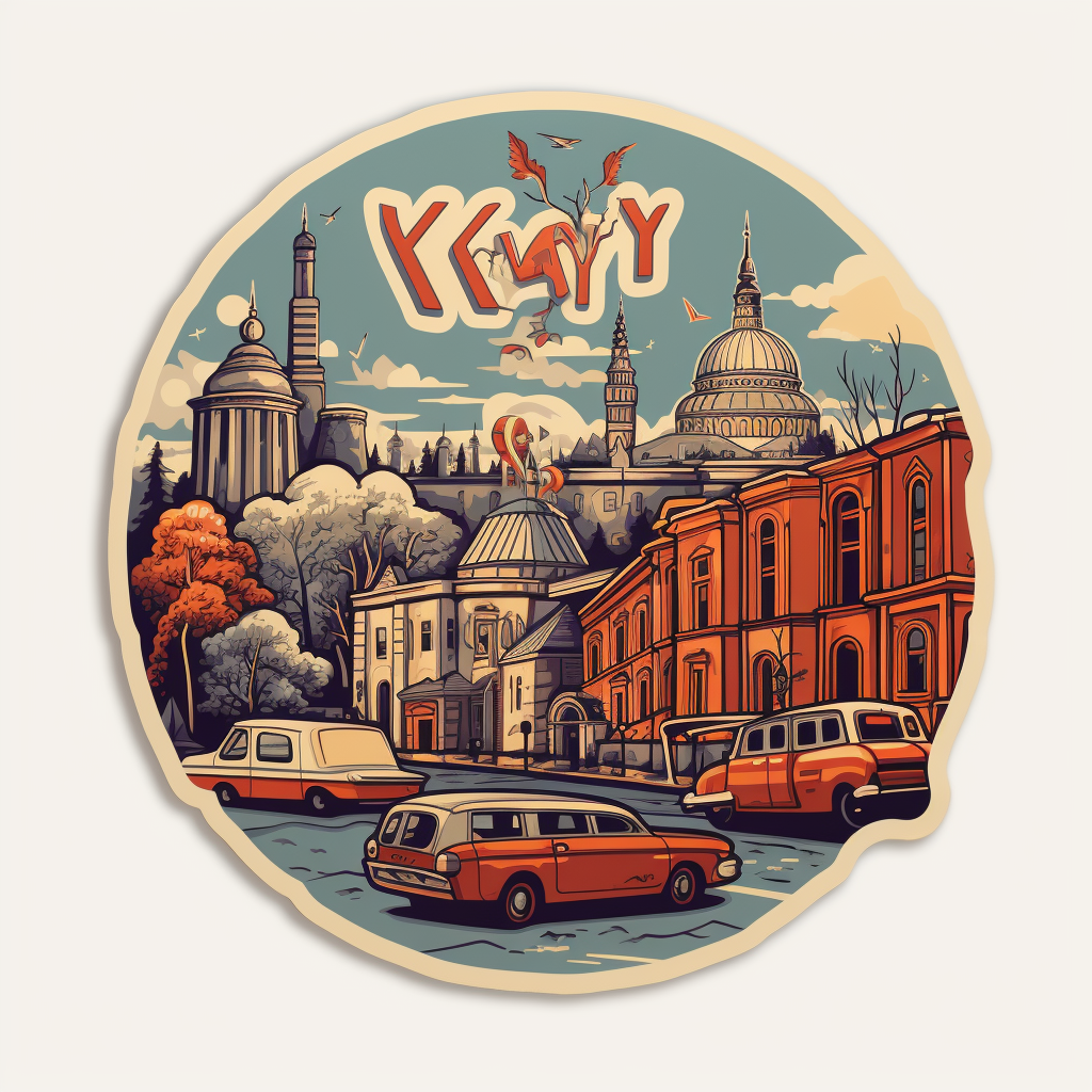 Sticker depicting Kyiv during WWII