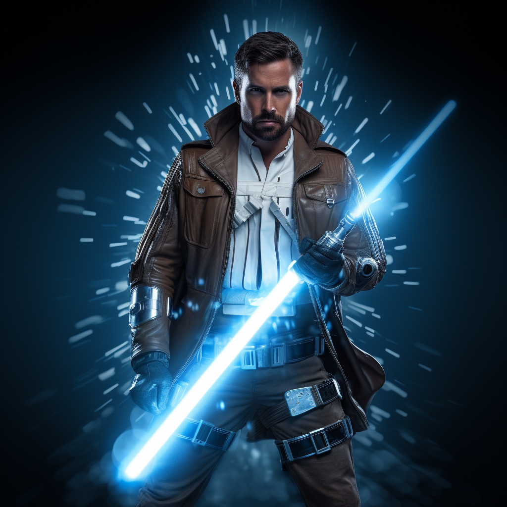 Kyle Katarn with blue lightsaber and blaster