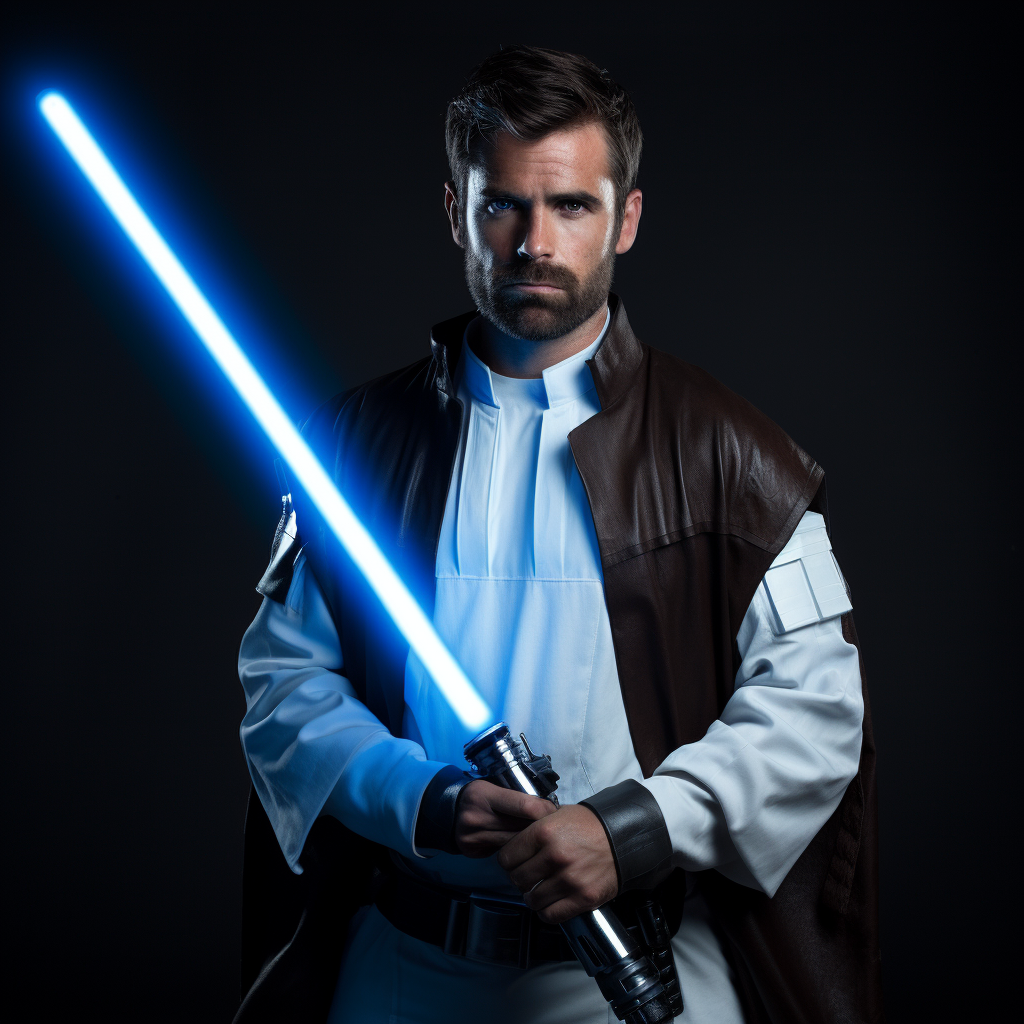 Photographic portrait of Kyle Katarn with blue lightsaber