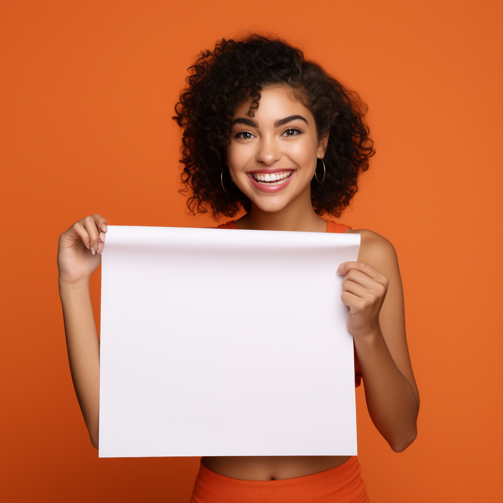 Kylie holding blank paper with smile