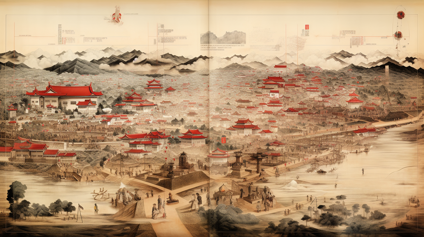 Bird's eye view of Kyoto's historic map