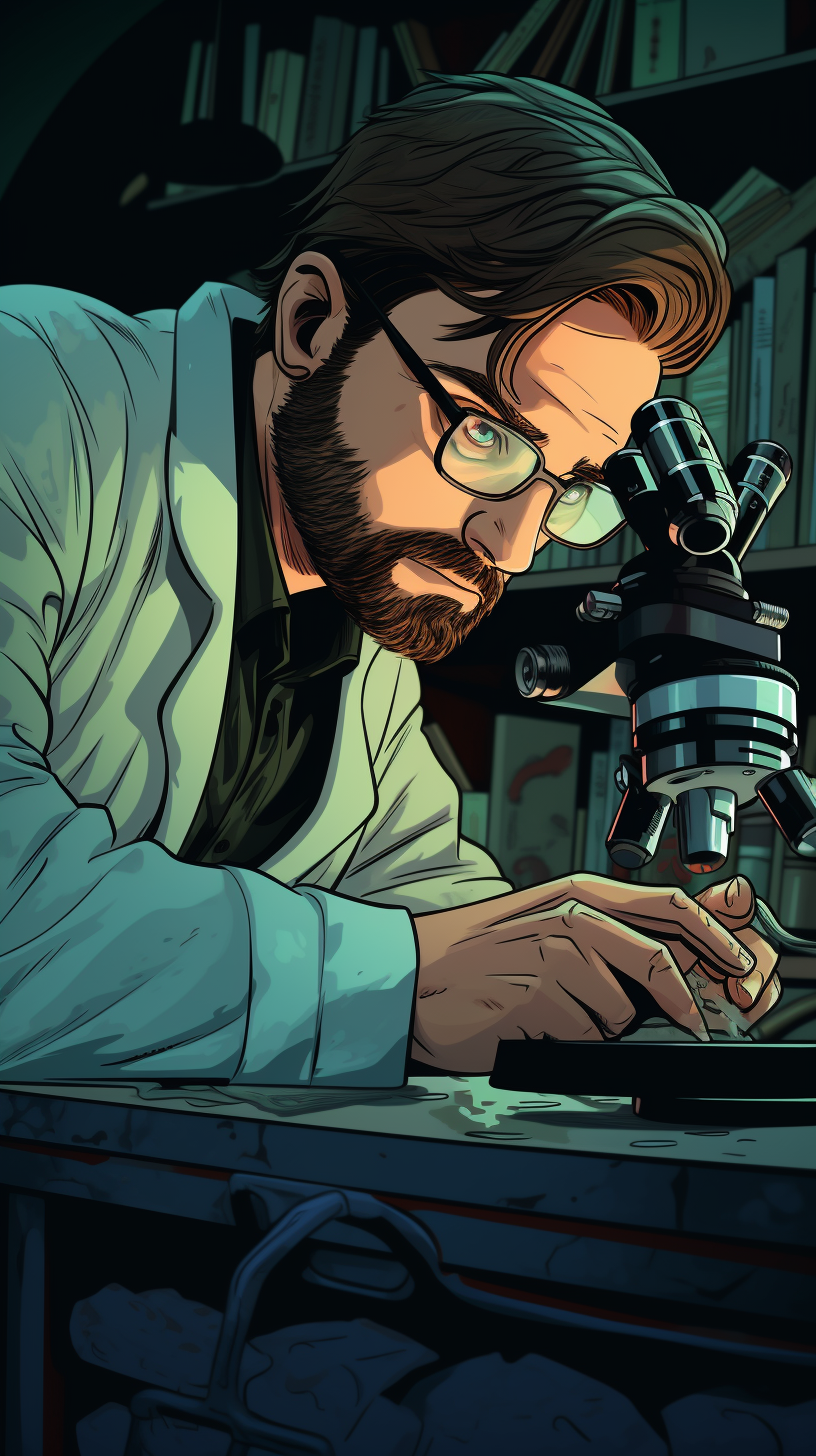 Closeup of Lab Investigator Using Microscope