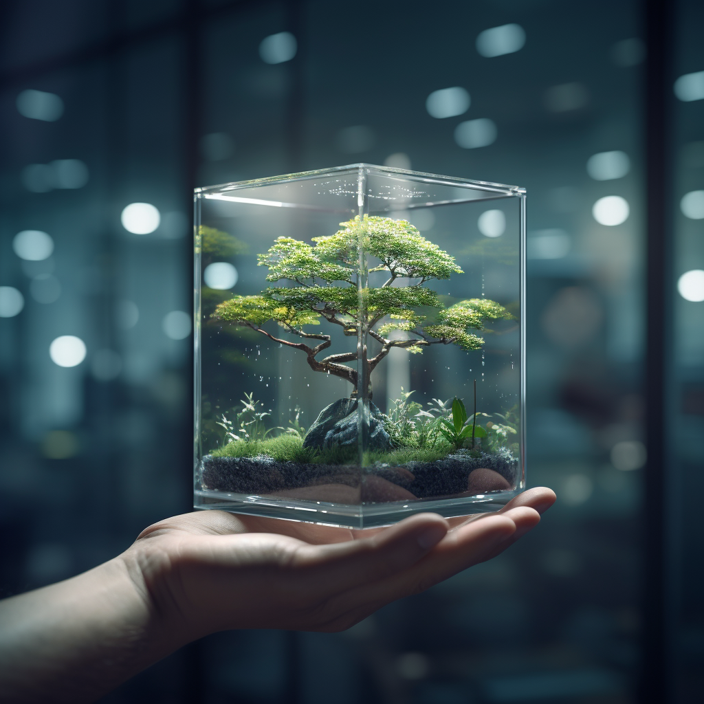 Glass cube with small tree in lab