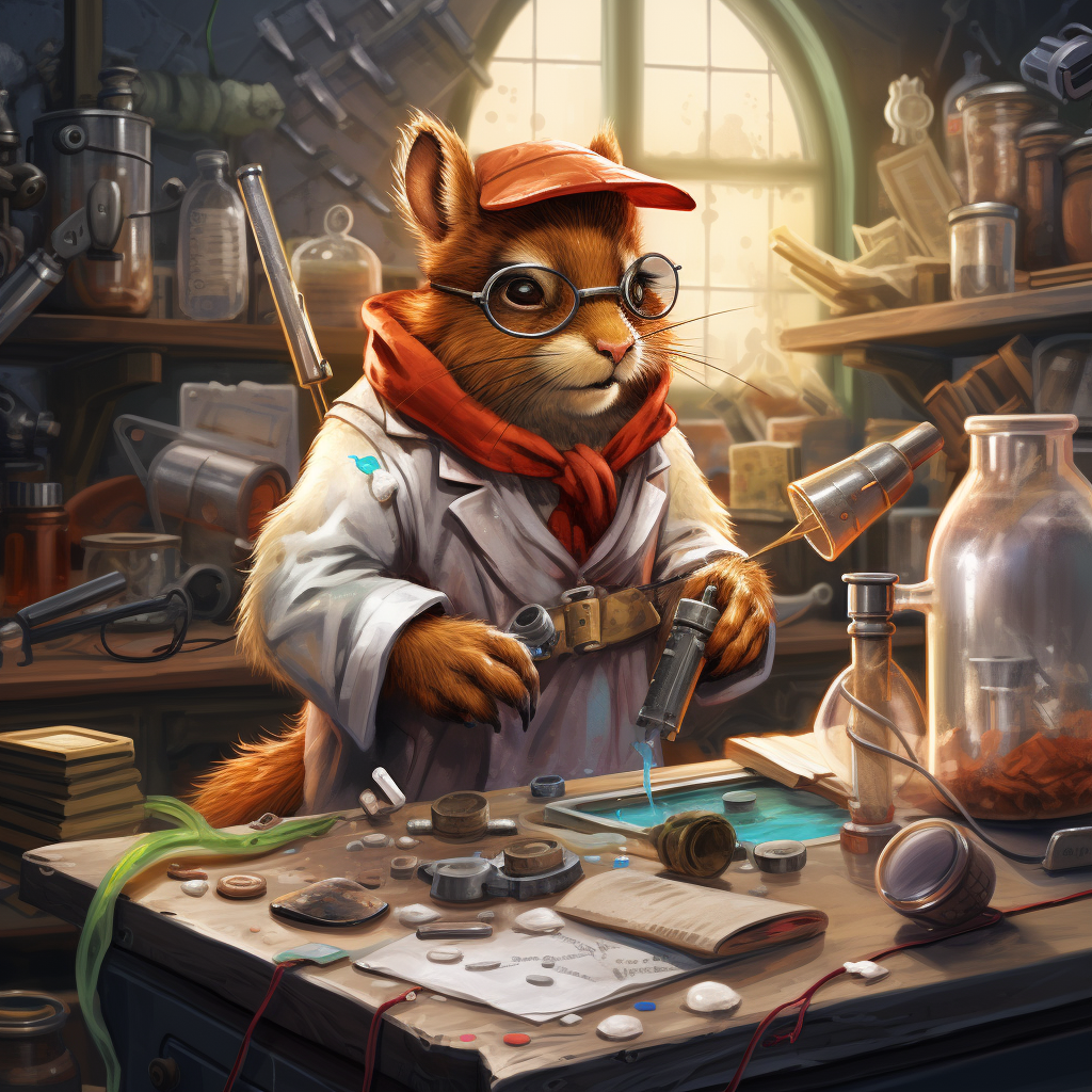 Anthropomorphic squirrel scientist in lab setting with test tube