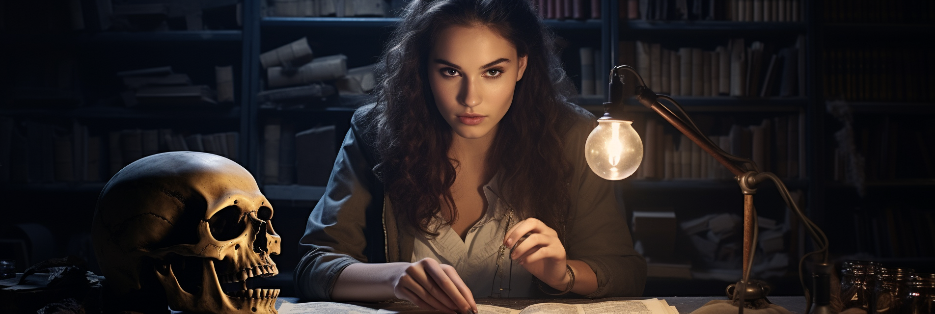 Brunette woman examining human skull closely