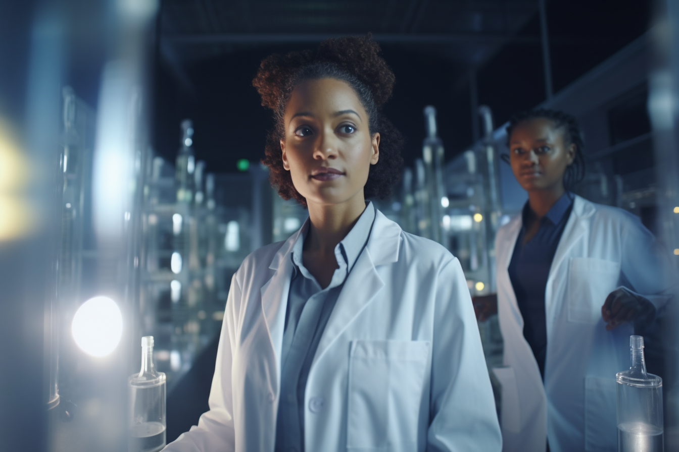 Three people in lab coats conducting experiments