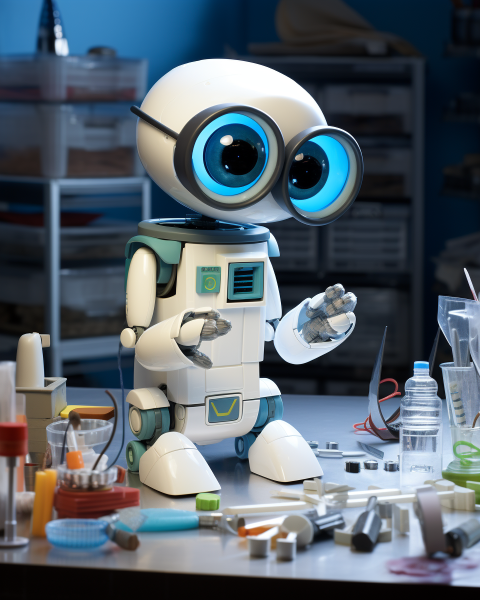 Anthropomorphic lab robot with blue and white color scheme