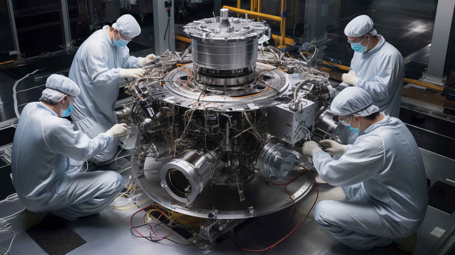 Scientists in labcoats assembling death ray satellite