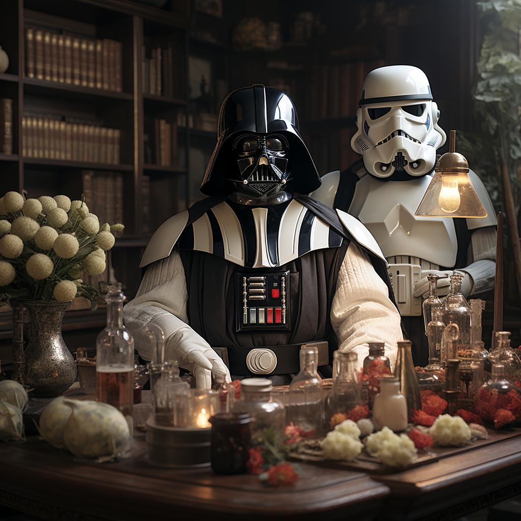 Laboratory scene with unmasked Darth Vader