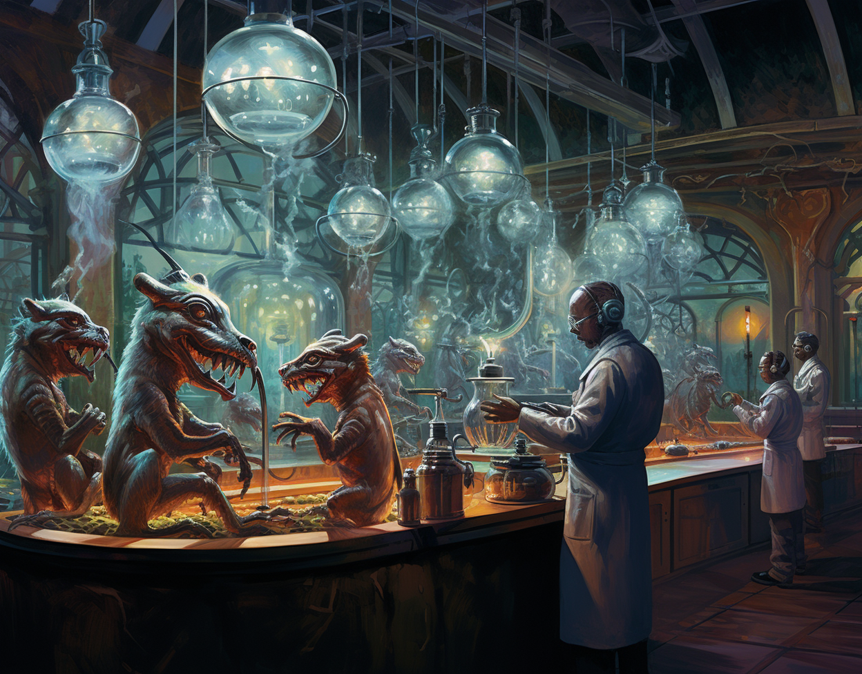 Laboratory humanoid examination fantasy painting