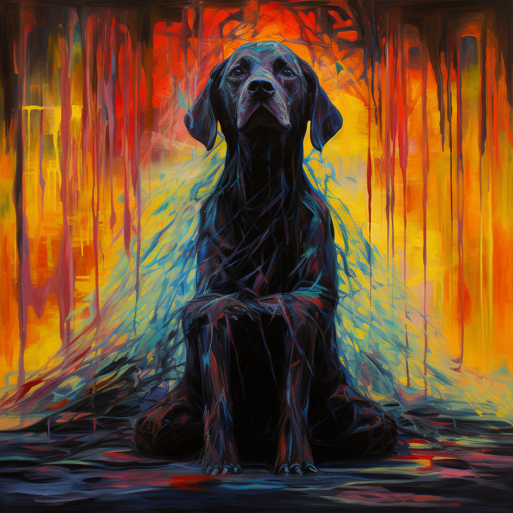 Colorful oil painting of labrador-human fusion creature