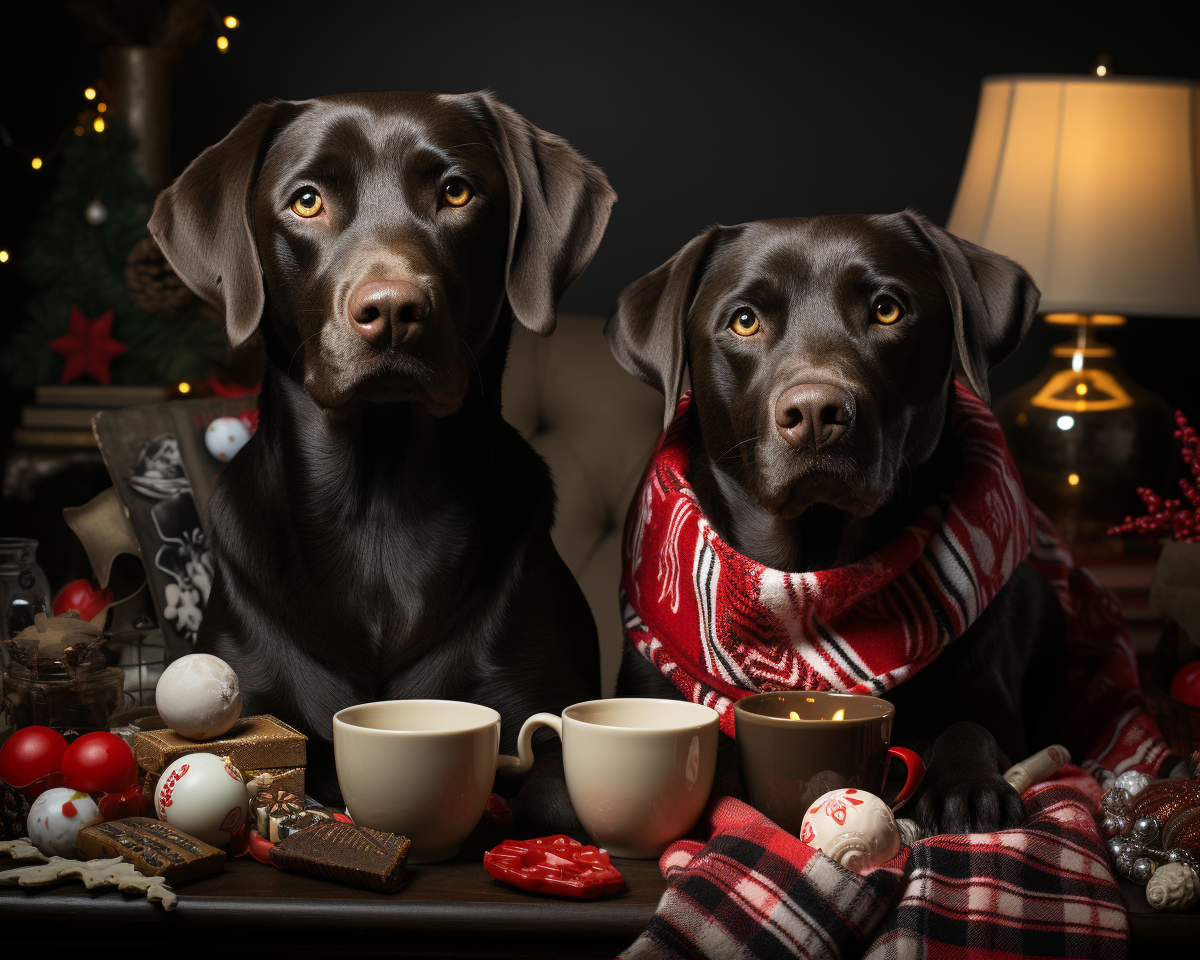 Two happy dogs enjoying coffee