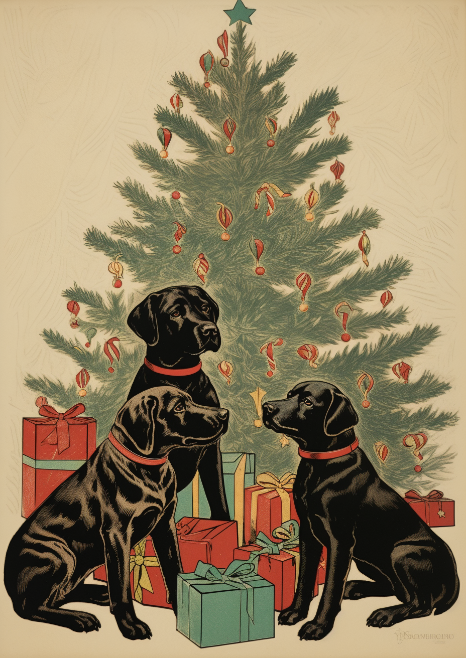 Labrador Retrievers playing around Christmas tree