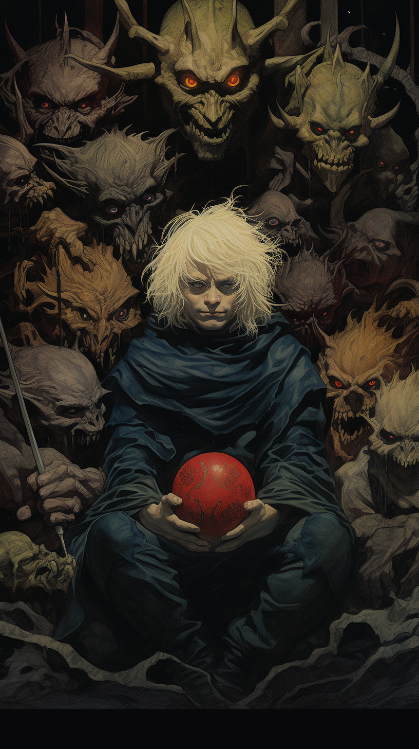 Goblin King surrounded by goblins in dark fantasy artwork